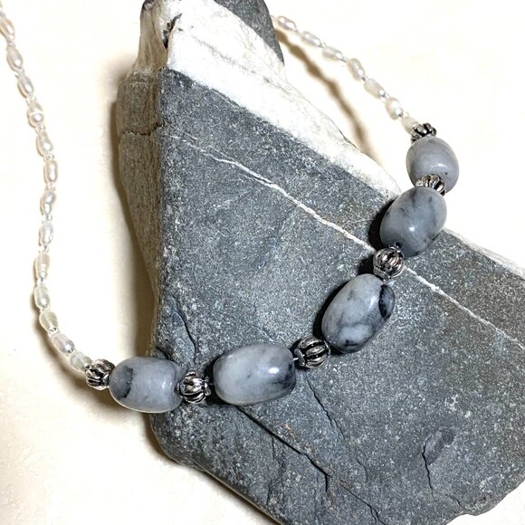 Genuine Grey Anhydrite & White Freshwater Pearl Choker, Beaded Natural Gemstones - Picture 7 of 13